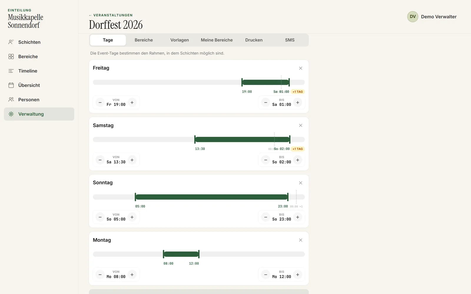 ShiftPlanner Verwaltung: Festtage mit Zeitfenstern einstellen