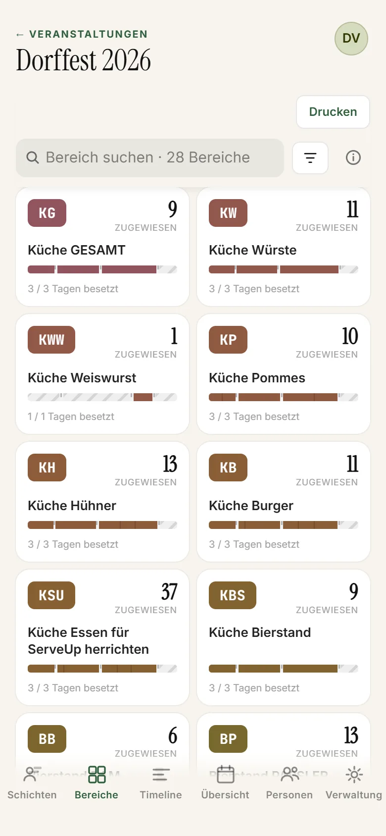 ShiftPlanner Bereiche-Ansicht am Handy