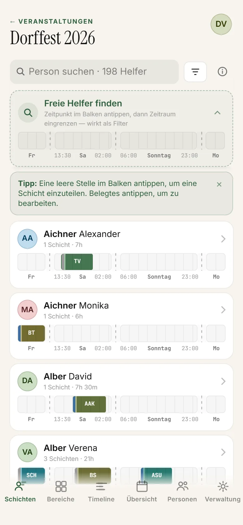 ShiftPlanner Schichten-Ansicht am Handy